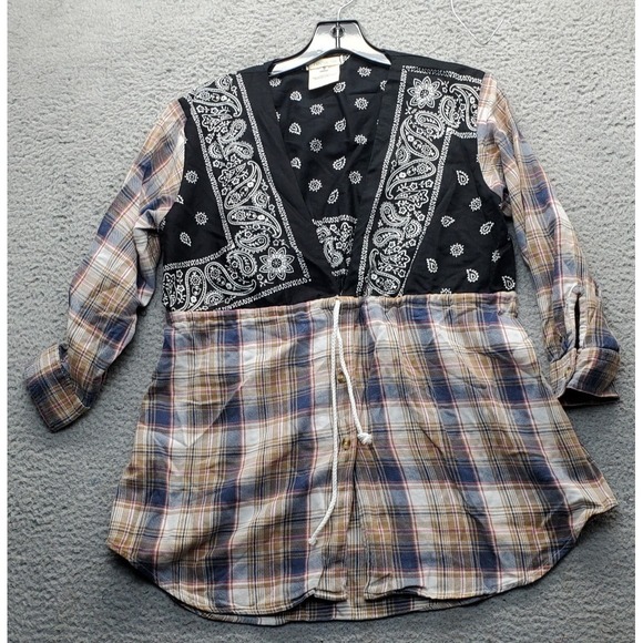 Tricia Fix Tops - Tricia Fix Blouse Womens S Multi Plaid Paisley Upcycled Mixed Media Drawstring
